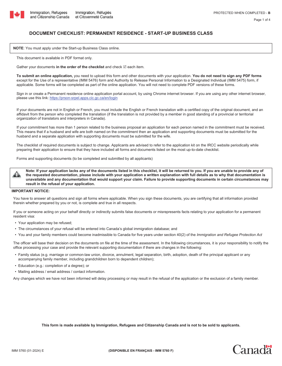 Form IMM5760 Document Checklist: Permanent Residence - Start-Up Business Class - Canada, Page 1