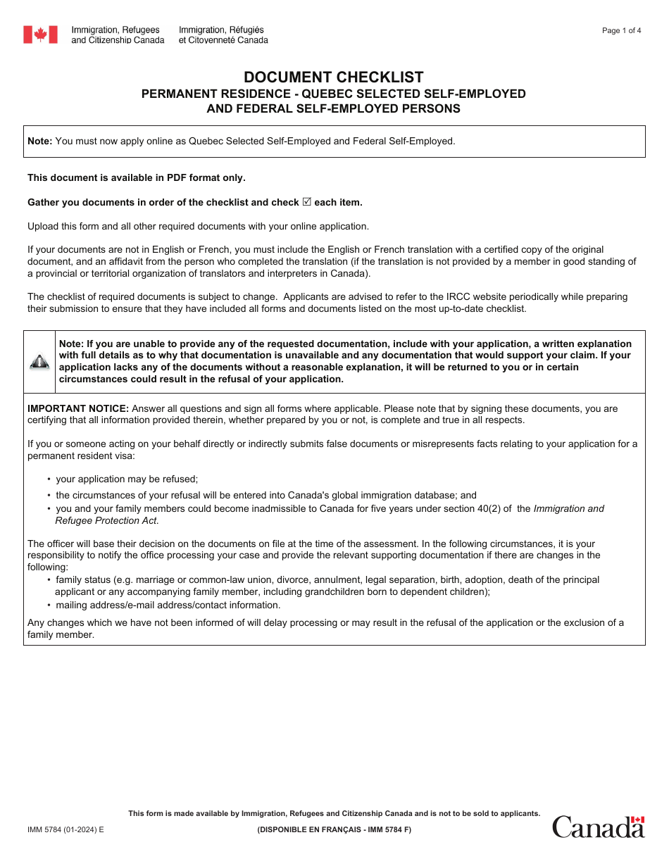 Form IMM5784 Document Checklist: Permanent Residence - Quebec Selected Self-employed and Federal Self-employed Persons - Canada, Page 1
