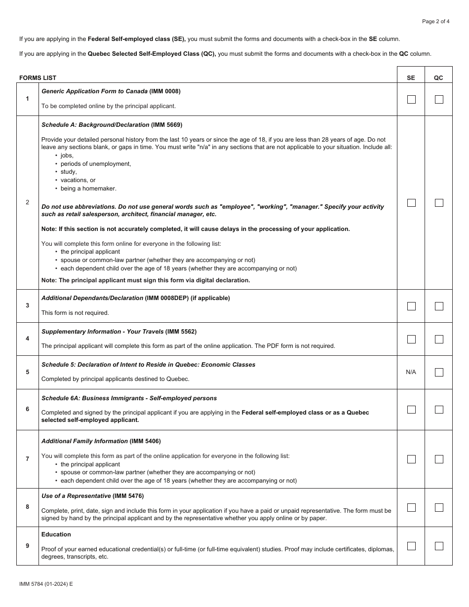 Form IMM5784 Document Checklist: Permanent Residence - Quebec Selected Self-employed and Federal Self-employed Persons - Canada, Page 2