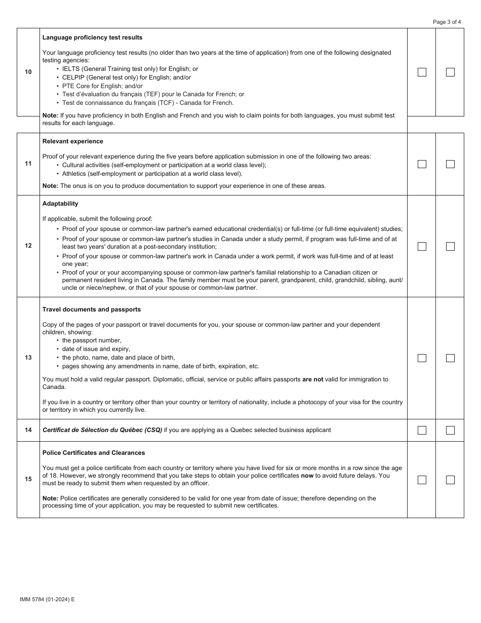 Form IMM5784 Document Checklist: Permanent Residence - Quebec Selected Self-employed and Federal Self-employed Persons - Canada, Page 3