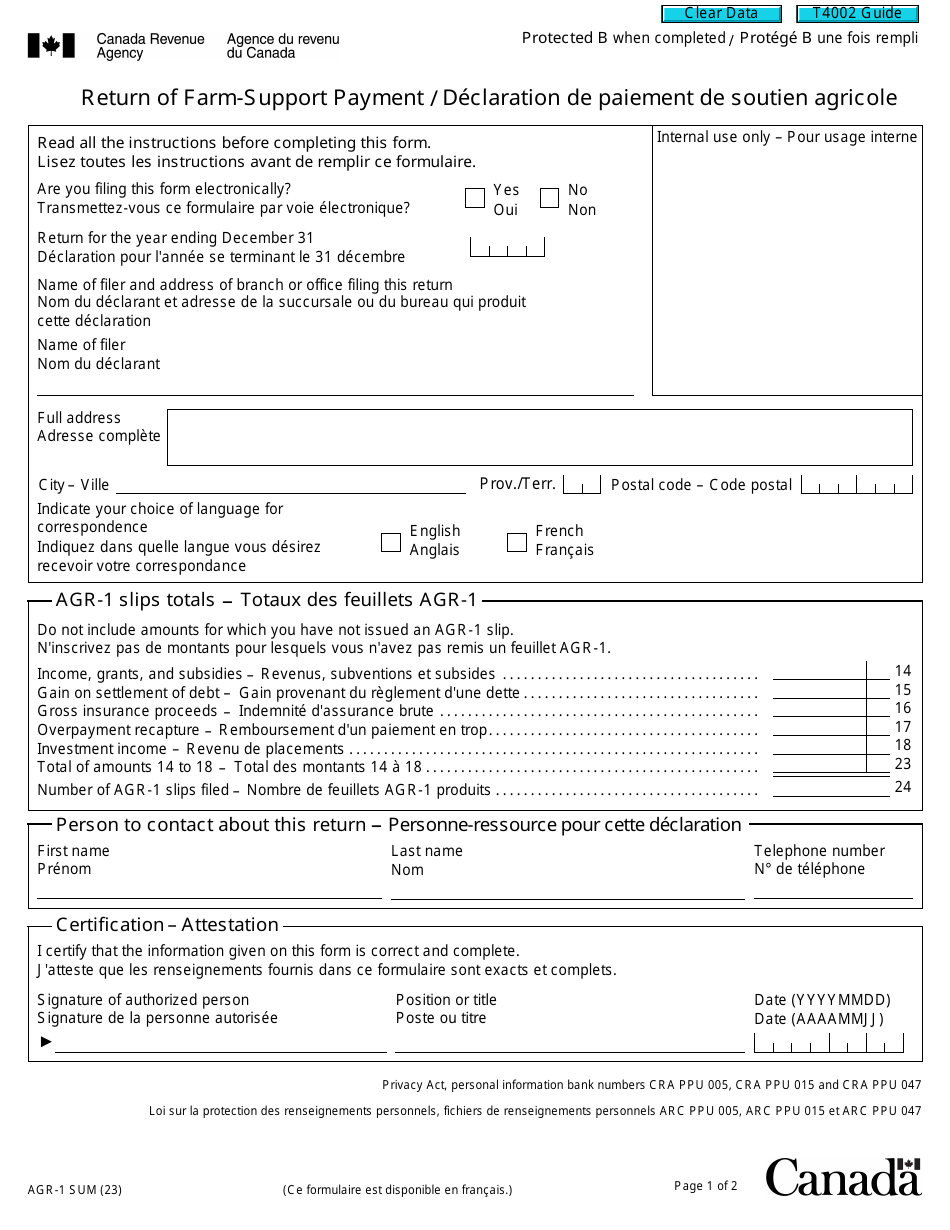Form AGR-1 SUM Return of Farm-Support Payment - Canada (English / French), Page 1