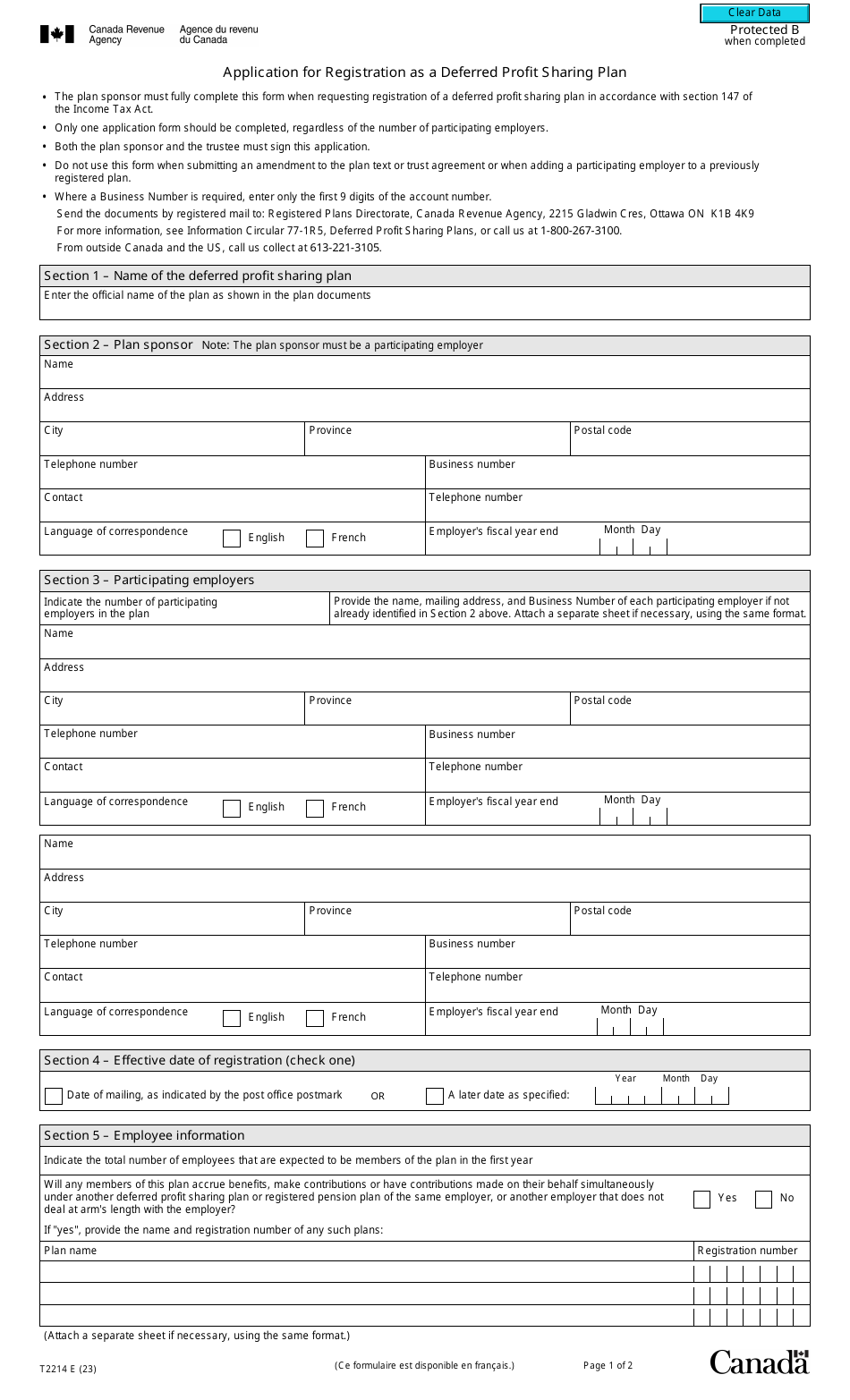 Form T2214 Application for Registration as a Deferred Profit Sharing Plan - Canada, Page 1