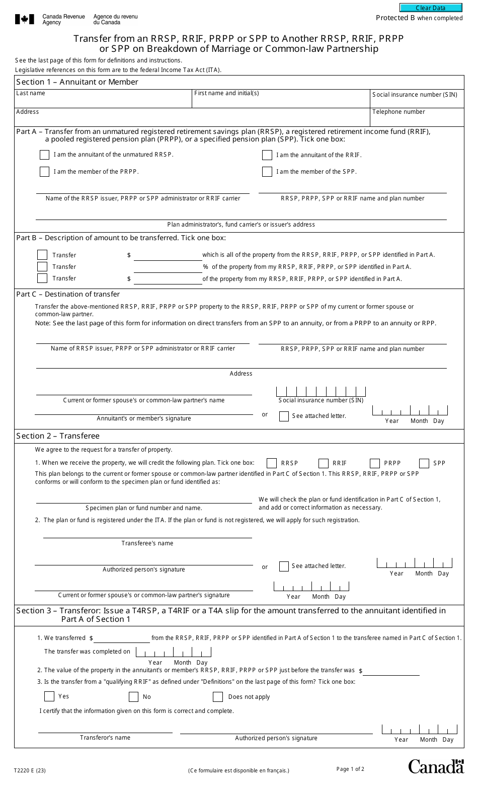 Form T2220 Transfer From an Rrsp, Rrif, Prpp or Spp to Another Rrsp, Rrif, Prpp or Spp on Breakdown of Marriage or Common-Law Partnership - Canada, Page 1