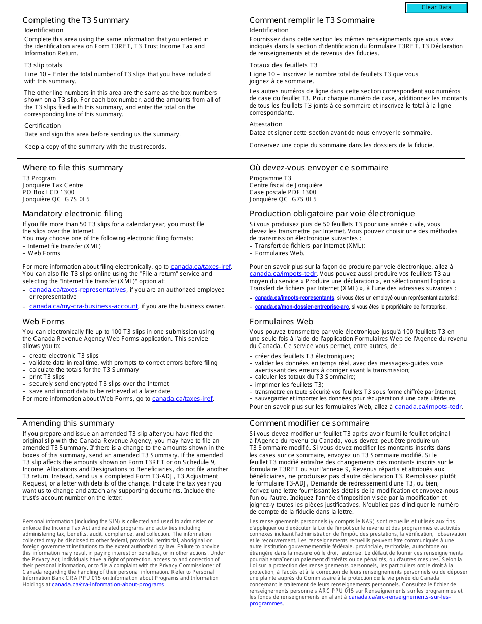 Form T3 SUM Summary of Trust Income Allocations and Designations - Canada (English / French), Page 2