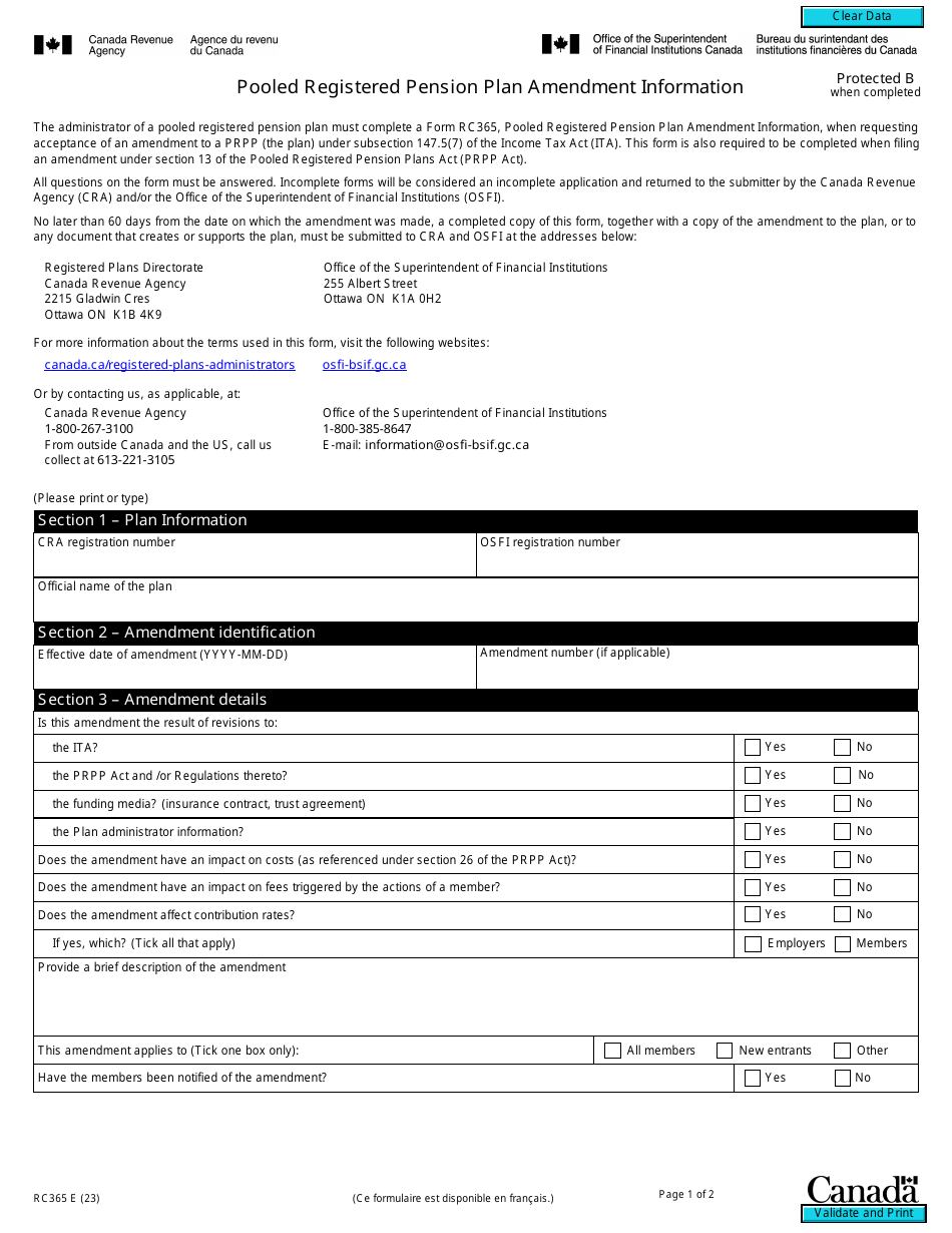 Form RC365 Pooled Registered Pension Plan Amendment Information - Canada, Page 1