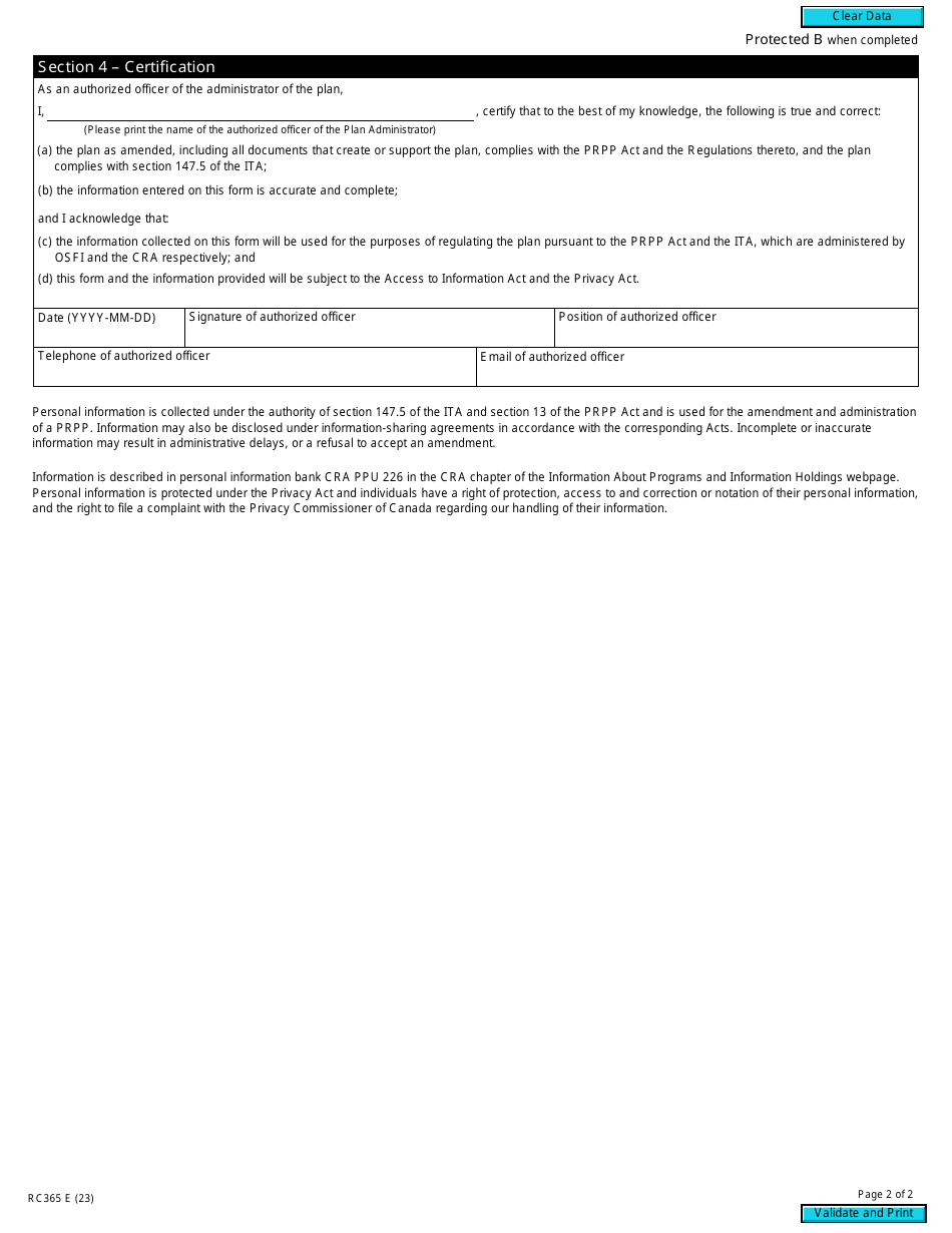 Form RC365 Pooled Registered Pension Plan Amendment Information - Canada, Page 2