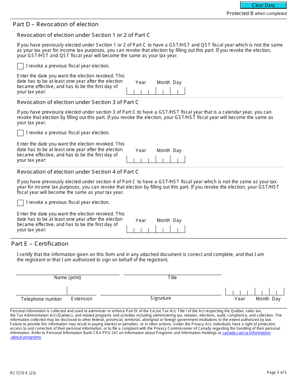 Form RC7270 Election or Revocation of an Election to Change a Gst / Hst and Qst Fiscal Year for Certain Selected Listed Financial Institutions - Canada, Page 3