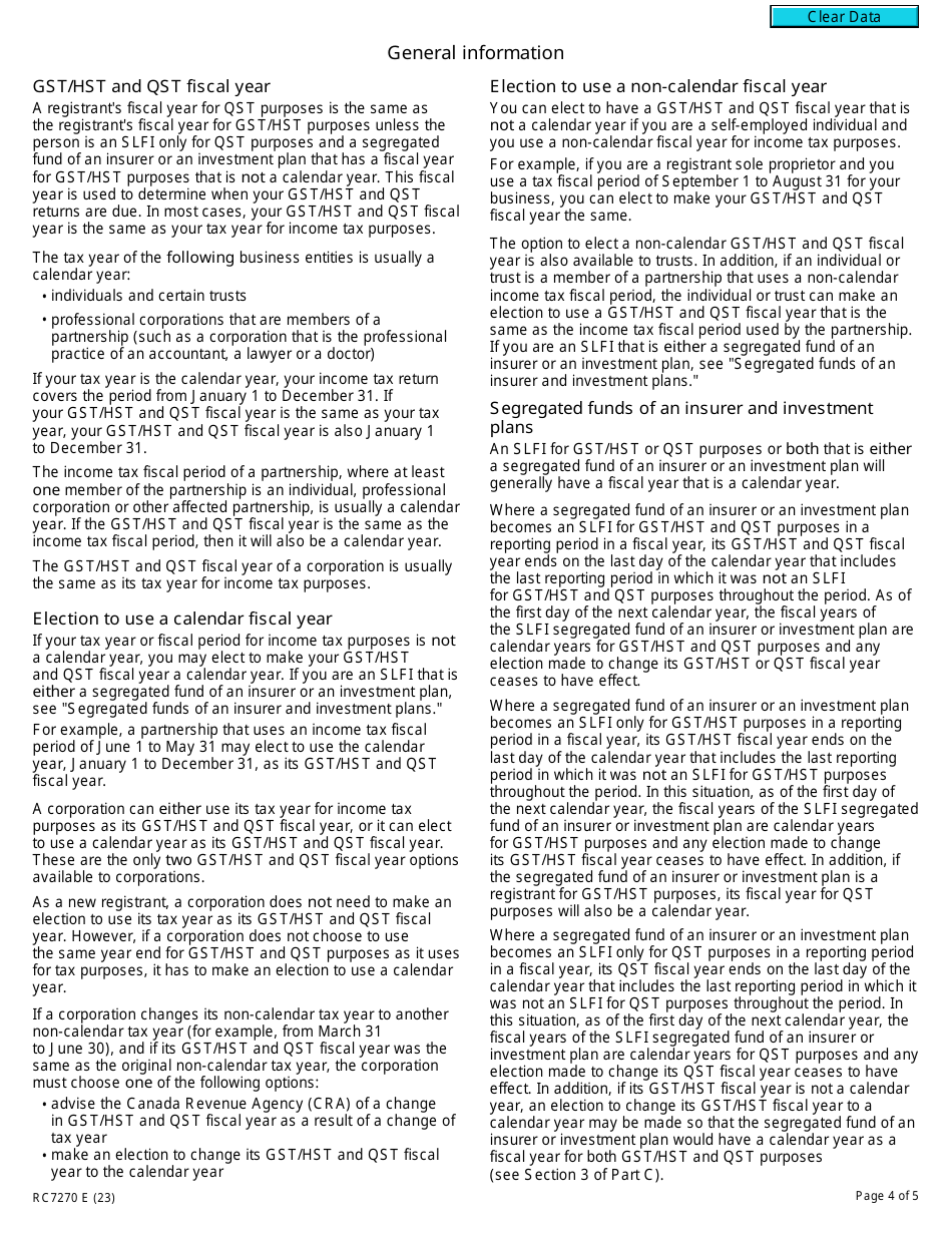 Form RC7270 Election or Revocation of an Election to Change a Gst / Hst and Qst Fiscal Year for Certain Selected Listed Financial Institutions - Canada, Page 4