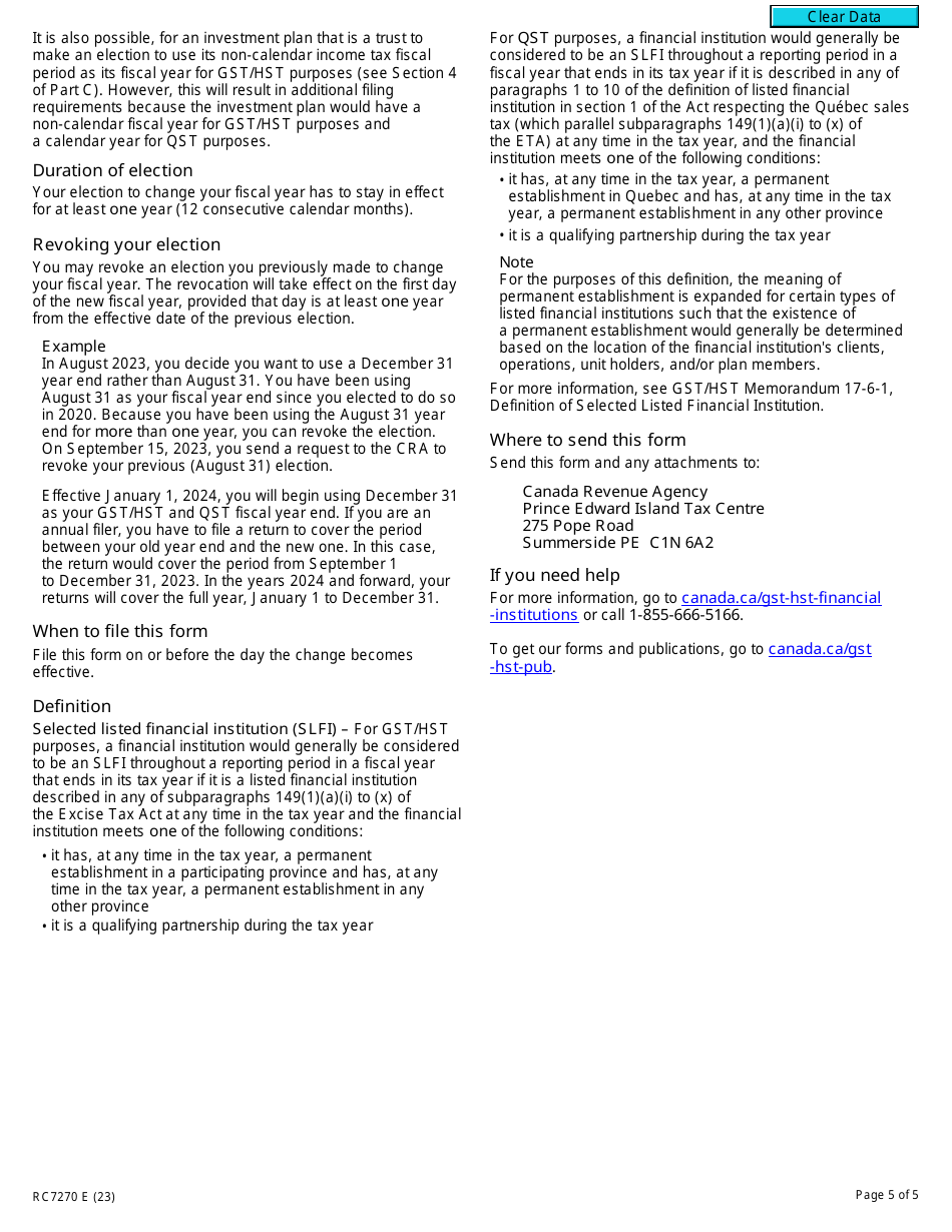 Form RC7270 Election or Revocation of an Election to Change a Gst / Hst and Qst Fiscal Year for Certain Selected Listed Financial Institutions - Canada, Page 5