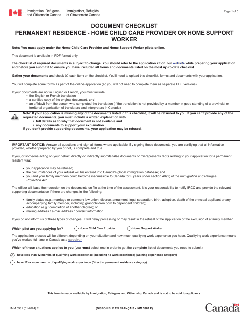Form IMM5981 Document Checklist - Permanent Residence - Home Child Care Provider or Home Support Worker - Canada