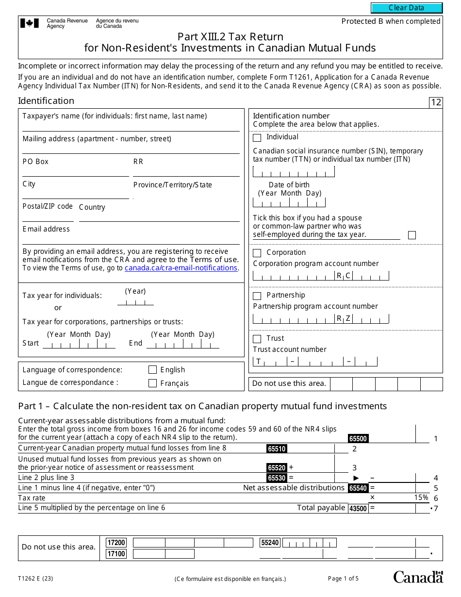 Form T1262 Part Xiii.2 Tax Return for Non-residents Investments in Canadian Mutual Funds - Canada, Page 1