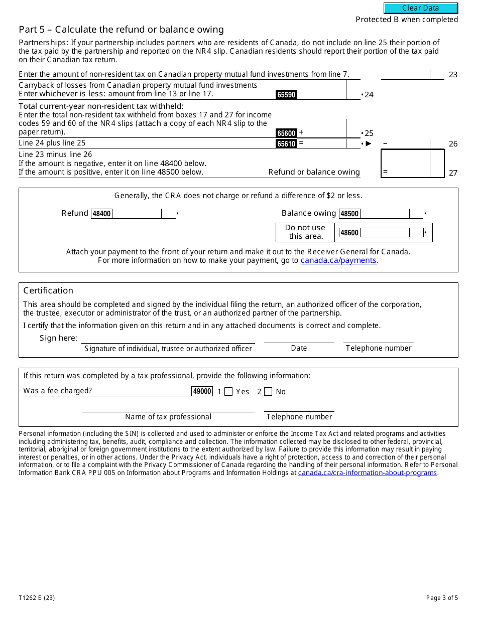 Form T1262 Part Xiii.2 Tax Return for Non-residents Investments in Canadian Mutual Funds - Canada, Page 3