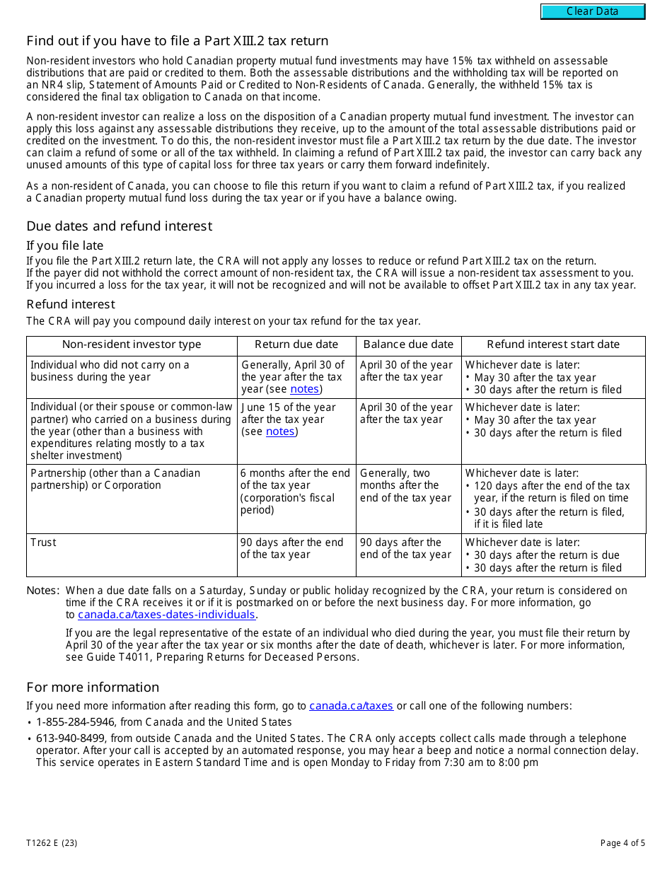 Form T1262 Part Xiii.2 Tax Return for Non-residents Investments in Canadian Mutual Funds - Canada, Page 4