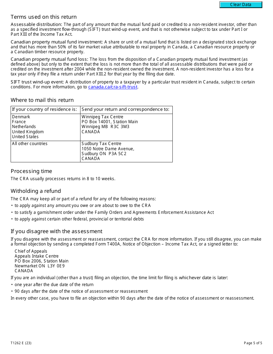 Form T1262 Part Xiii.2 Tax Return for Non-residents Investments in Canadian Mutual Funds - Canada, Page 5