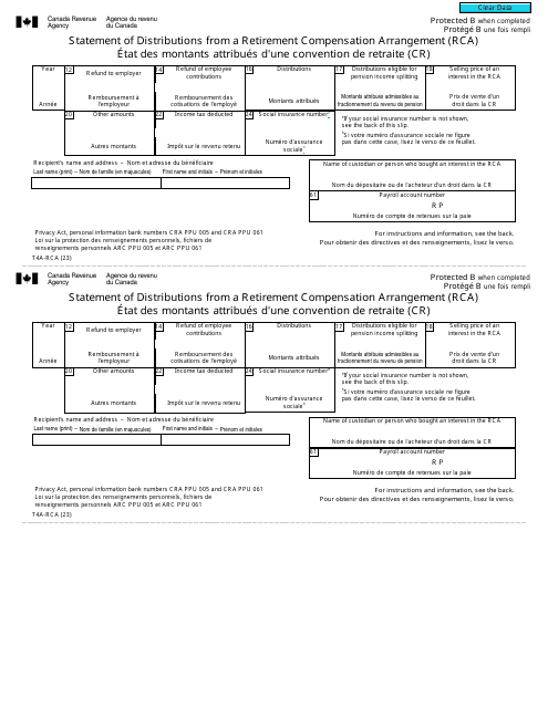 Form T4A-RCA Statement of Distributions From a Retirement Compensation Arrangement (Rca) - Canada (English/French)