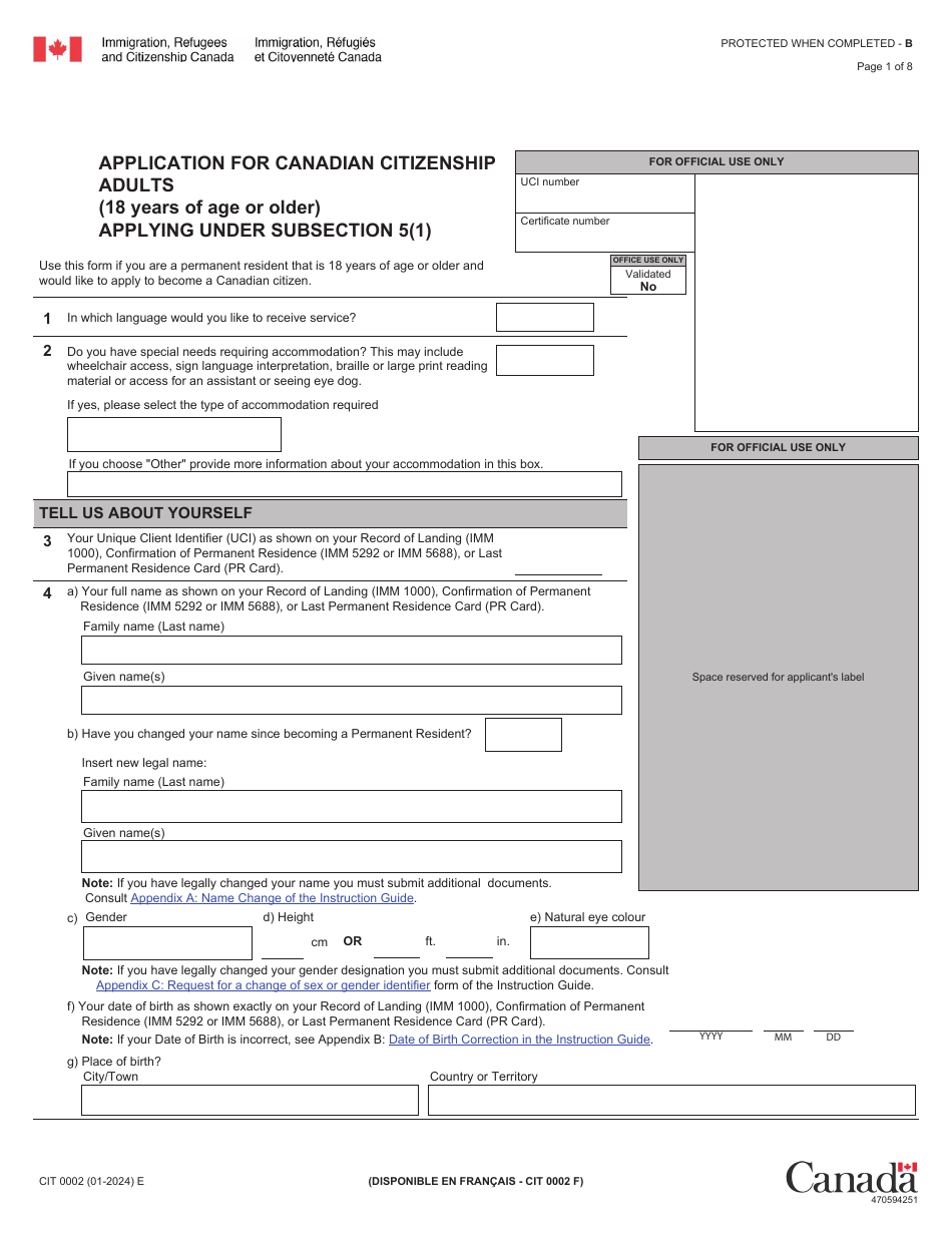 Form CIT0002 Application for Canadian Citizenship Adults (18 Years of Age or Older) Applying Under Subsection 5(1) - Canada, Page 1