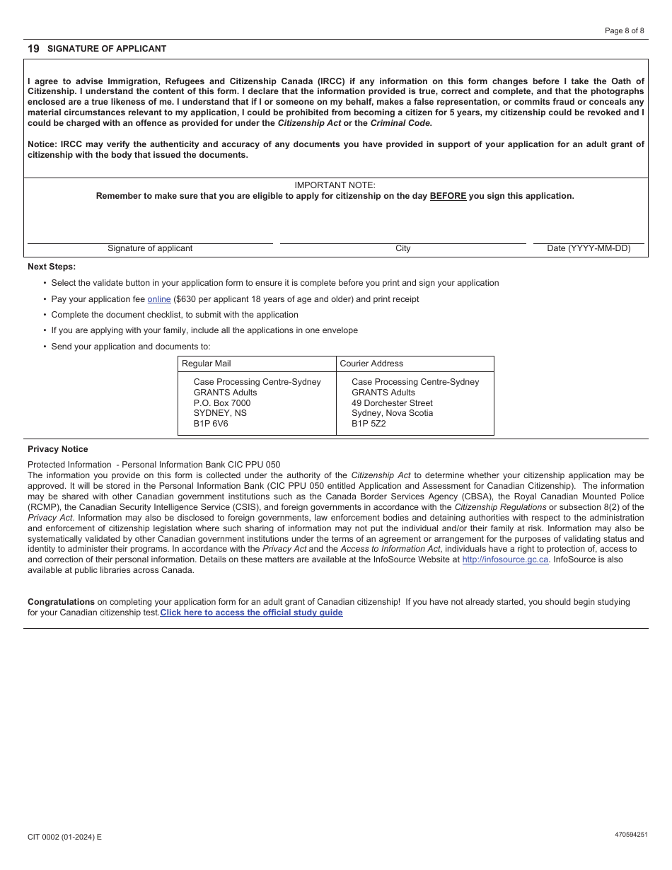 Form CIT0002 Application for Canadian Citizenship Adults (18 Years of Age or Older) Applying Under Subsection 5(1) - Canada, Page 8