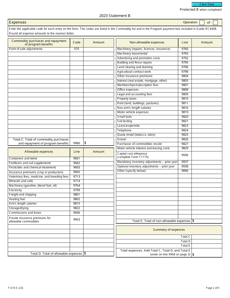 Form T1274 Statement B - Harmonized Agristability and Agriinvest Programs Information and Statement of Farming Activities for Additional Farming Operations - Canada, Page 2