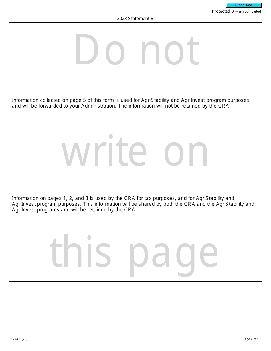Form T1274 Statement B - Harmonized Agristability and Agriinvest Programs Information and Statement of Farming Activities for Additional Farming Operations - Canada, Page 4