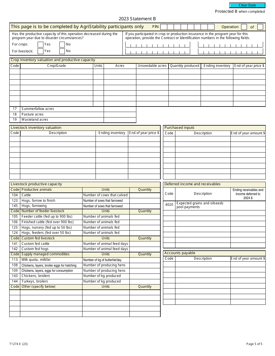 Form T1274 Statement B - Harmonized Agristability and Agriinvest Programs Information and Statement of Farming Activities for Additional Farming Operations - Canada, Page 5