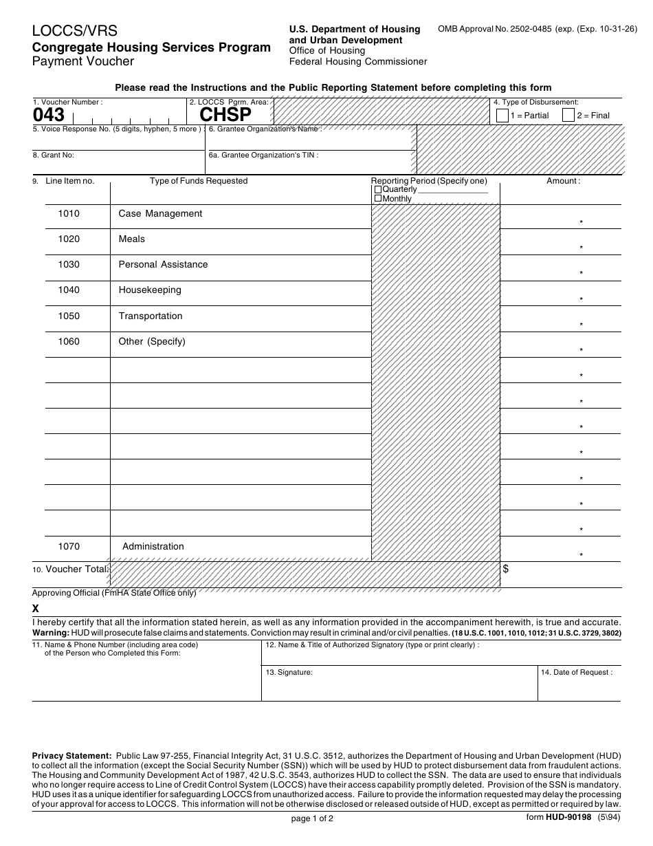 Form HUD-90198 Loccs / Vrs Congregate Housing Services Program Payment Voucher, Page 1