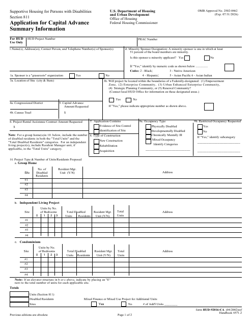 Form HUD-92016-CA Section 811 Application for Capital Advance Summary Information