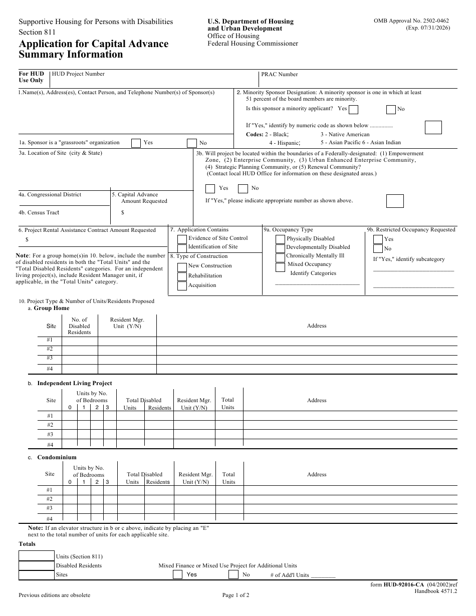 Form HUD-92016-CA Section 811 Application for Capital Advance Summary Information, Page 1