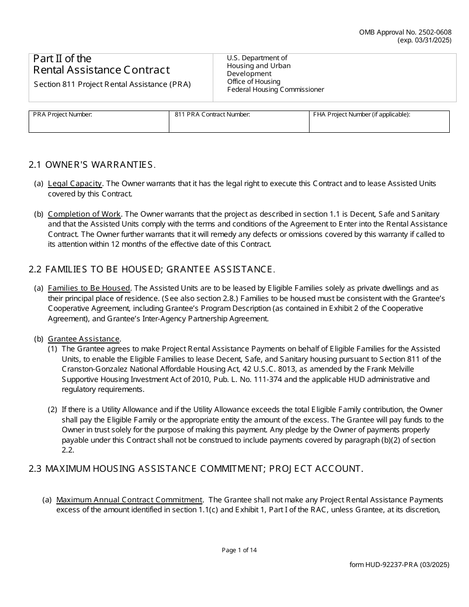 Form HUD-92237-PRA Part II Rental Assistance Contract - Section 811 Project Rental Assistance (Pra), Page 1