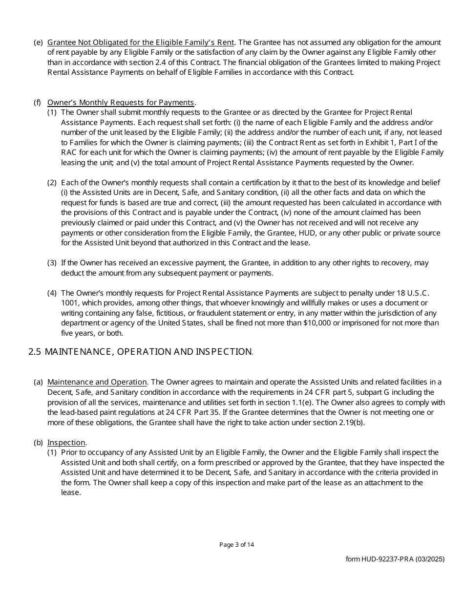 Form HUD-92237-PRA Part II Rental Assistance Contract - Section 811 Project Rental Assistance (Pra), Page 3