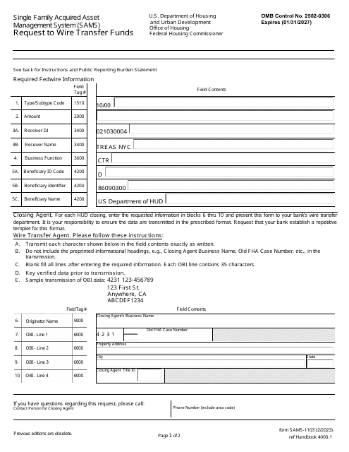 Form SAMS-1103 Request to Wire Transfer Funds