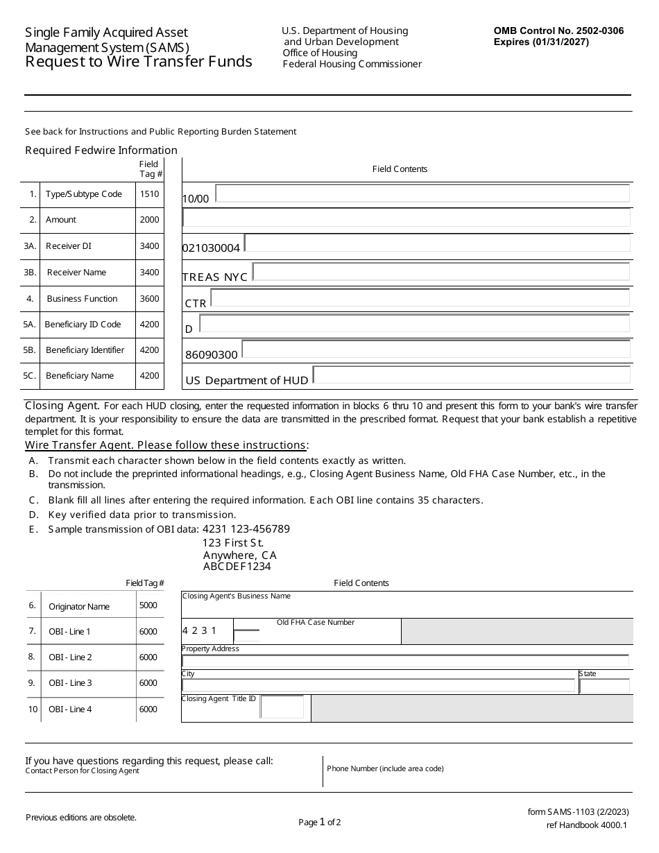 Form SAMS-1103 Request to Wire Transfer Funds, Page 1