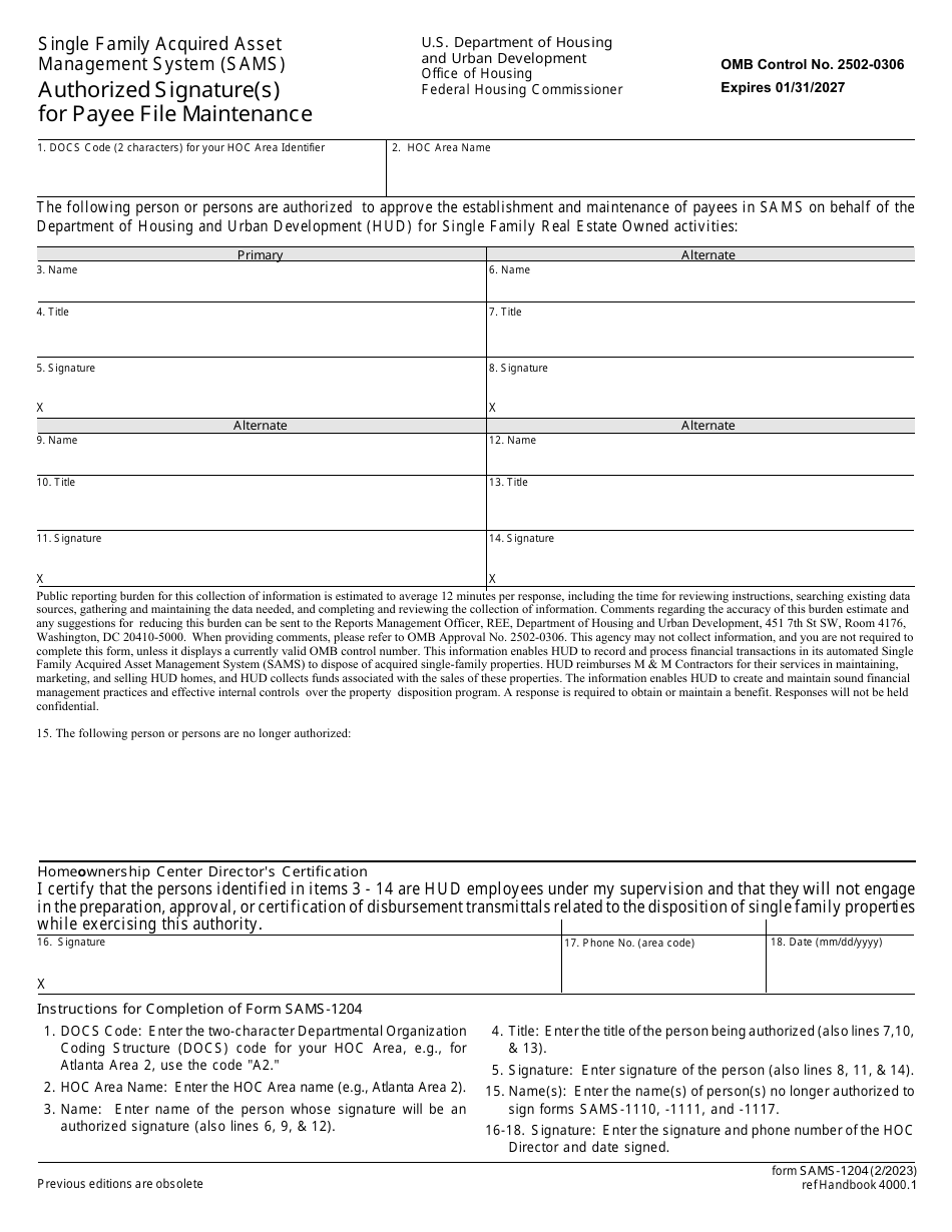 Form SAMS-1204 Authorized Signature(S) for Payee File Maintenance, Page 1