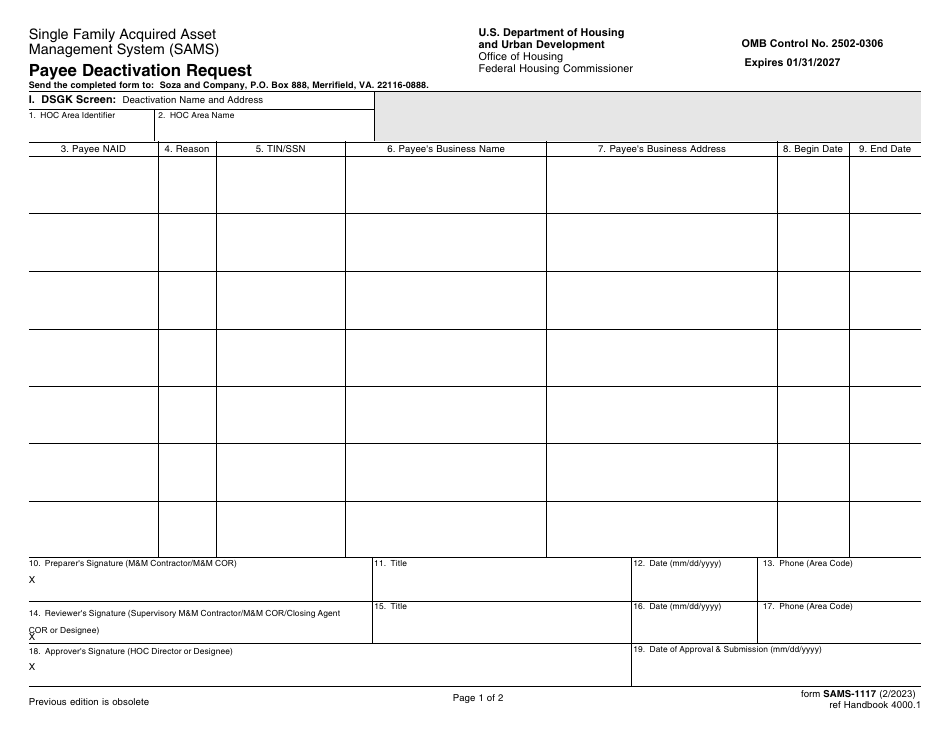Form SAMS-1117 Payee Deactivation Request, Page 1