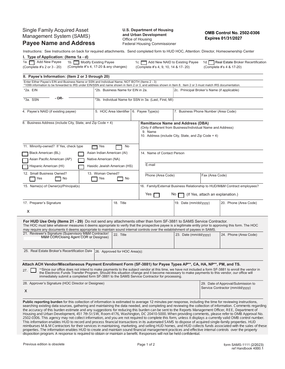 Form SAMS-1111 Payee Name and Address, Page 1
