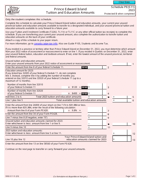 Form 5002-S11 Schedule PE(S11) 2023 Printable Pdf