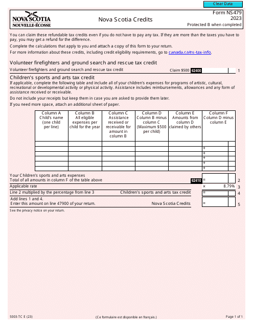 Form NS479 Nova Scotia Credits - Canada, 2023