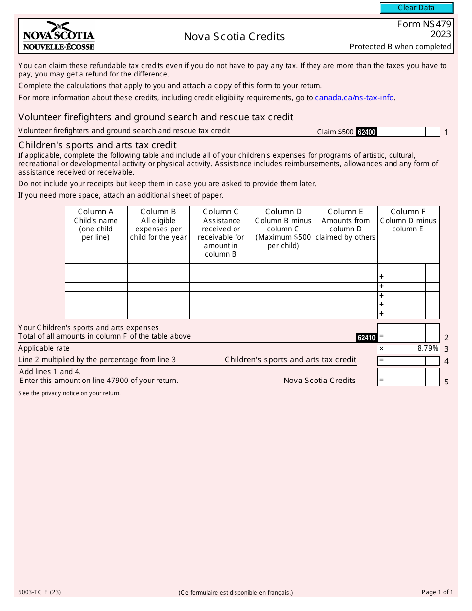 Form NS479 Nova Scotia Credits - Canada, Page 1