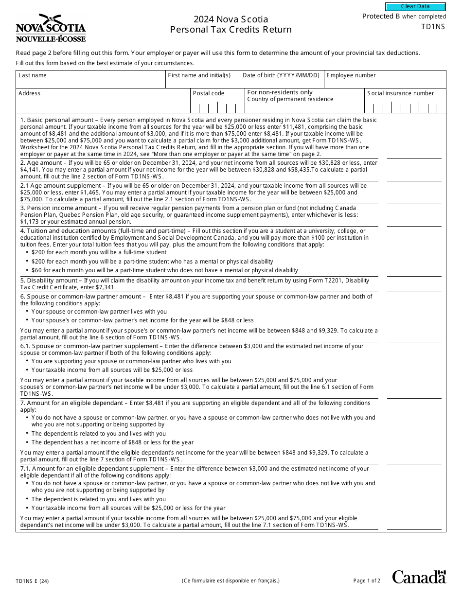 Form TD1NS Download Fillable PDF or Fill Online Nova Scotia Personal