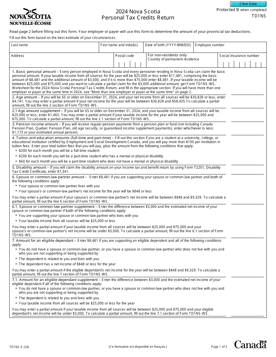 Form TD1NS Nova Scotia Personal Tax Credits Return - Canada, Page 1