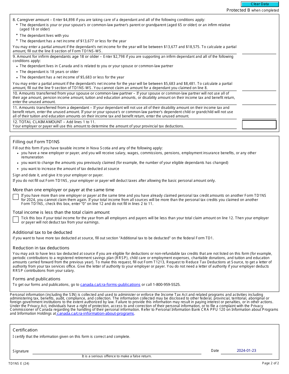 Form TD1NS Download Fillable PDF or Fill Online Nova Scotia Personal