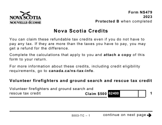 Document preview: Form 5003-TC (NS479) Nova Scotia Credits - Large Print - Canada, 2023