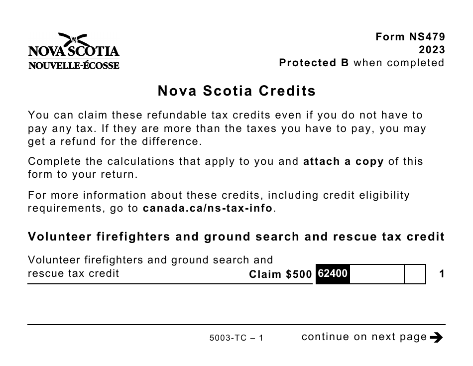 Form 5003-TC (NS479) Nova Scotia Credits - Large Print - Canada, Page 1
