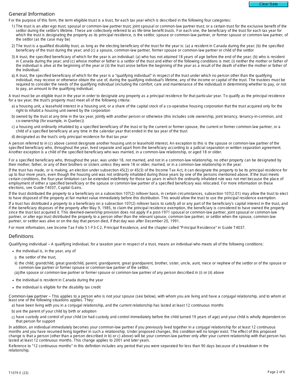 Form T1079 Designation of a Property as a Principal Residence by a Personal Trust - Canada, Page 2