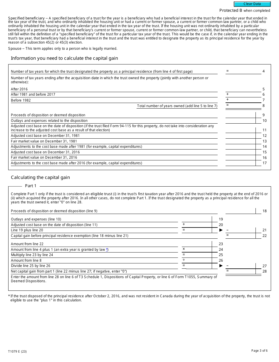Form T1079 Designation of a Property as a Principal Residence by a Personal Trust - Canada, Page 3