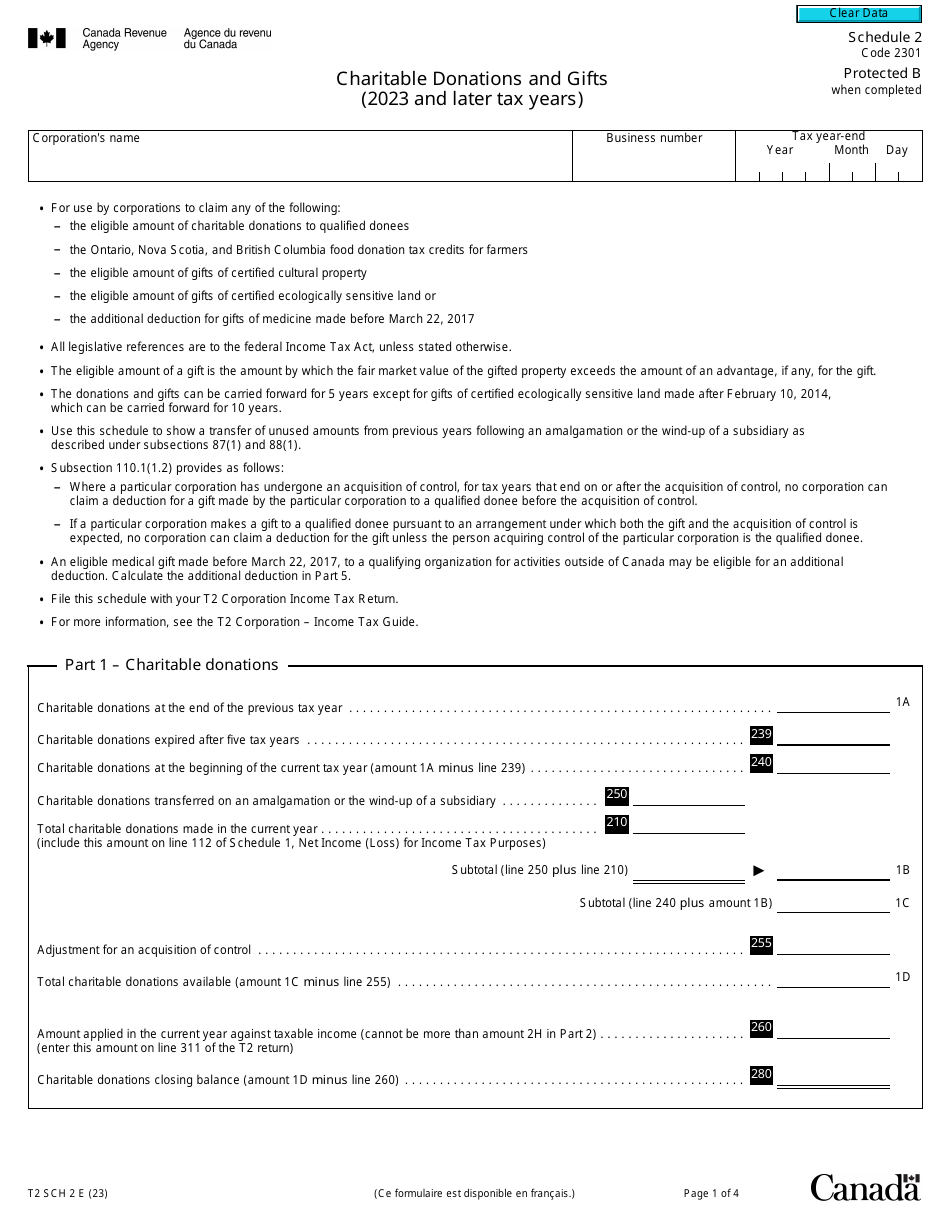 Form T2 Schedule 2 Charitable Donations and Gifts (2023 and Later Tax Years) - Canada, Page 1