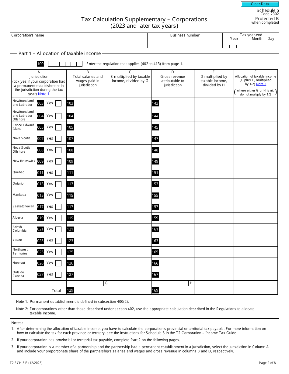 Form T2 Schedule 5 Tax Calculation Supplementary - Corporations (2023 and Later Tax Years) - Canada, Page 2