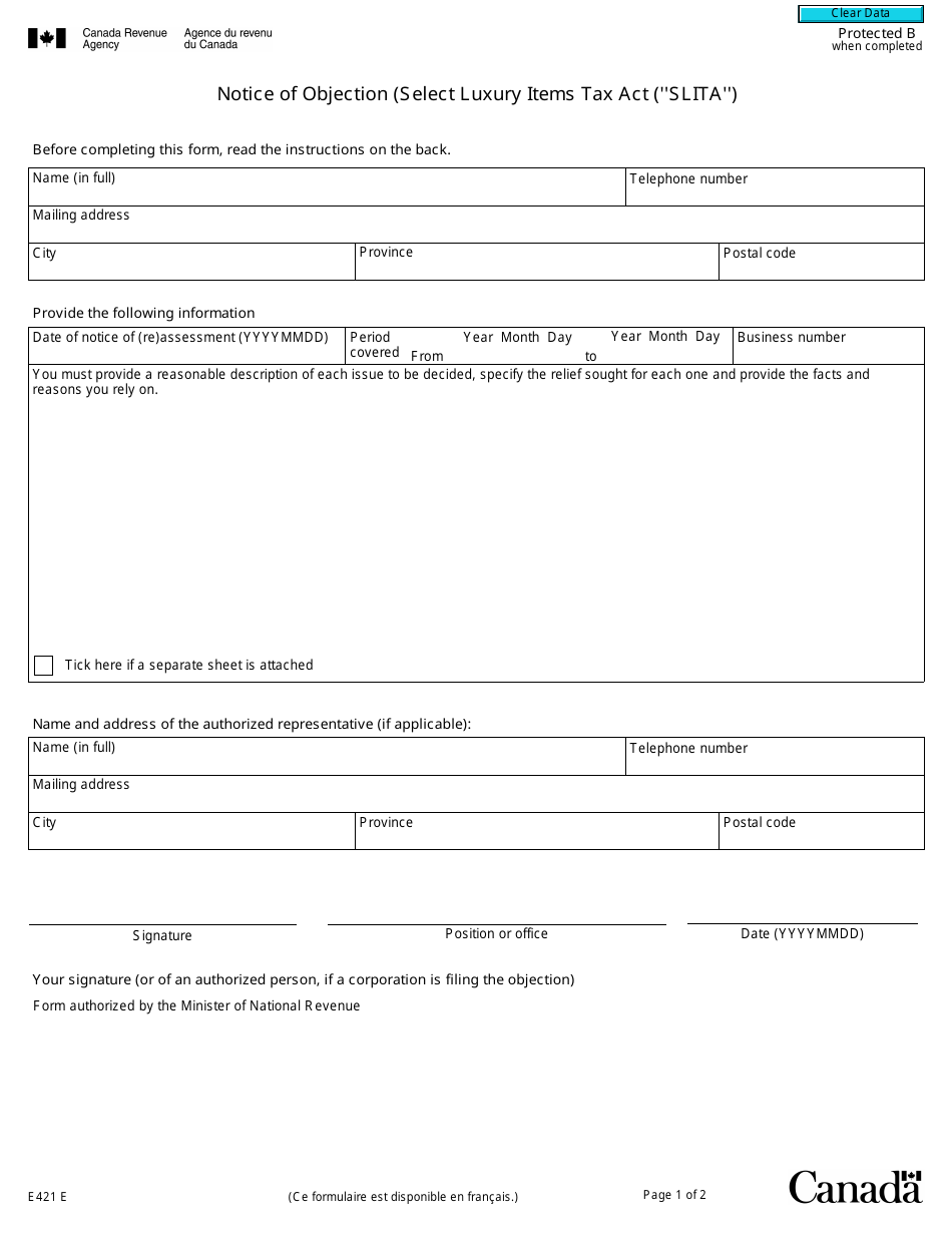 Form E421 Notice of Objection (Select Luxury Items Tax Act (slita)) - Canada, Page 1