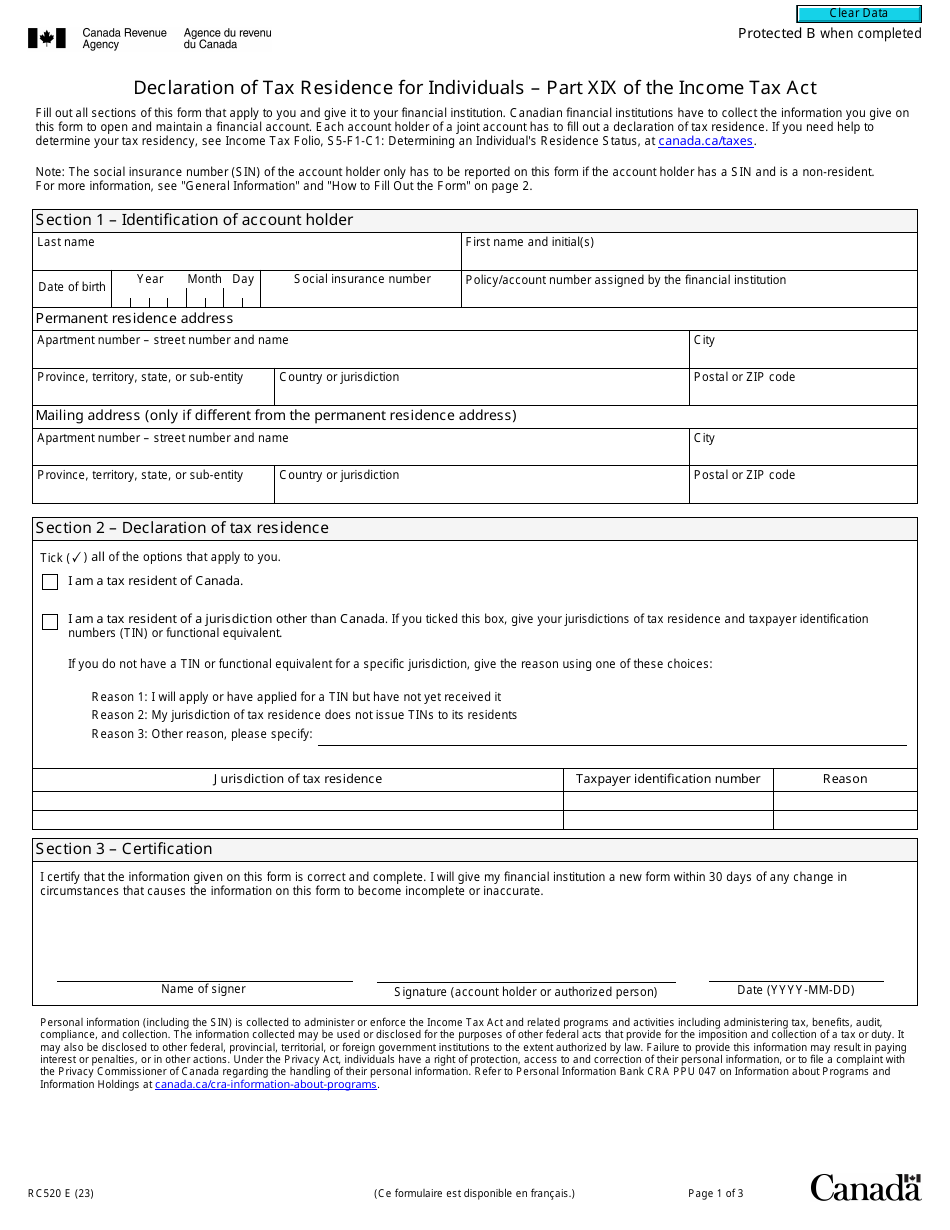 Form RC520 Declaration of Tax Residence for Individuals - Part Xix of the Income Tax Act - Canada, Page 1