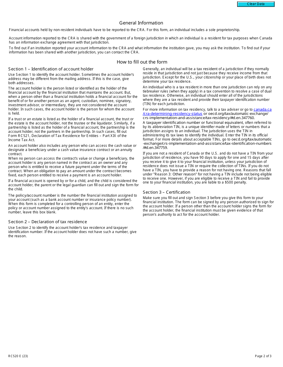 Form RC520 Declaration of Tax Residence for Individuals - Part Xix of the Income Tax Act - Canada, Page 2