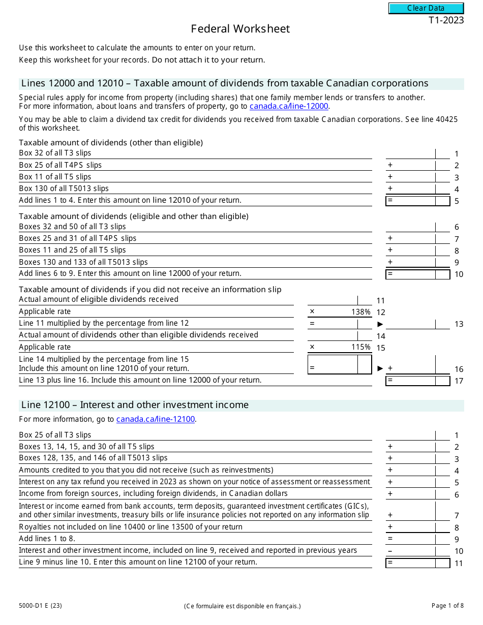 Form 5000-D1 Federal Worksheet - Canada, Page 1